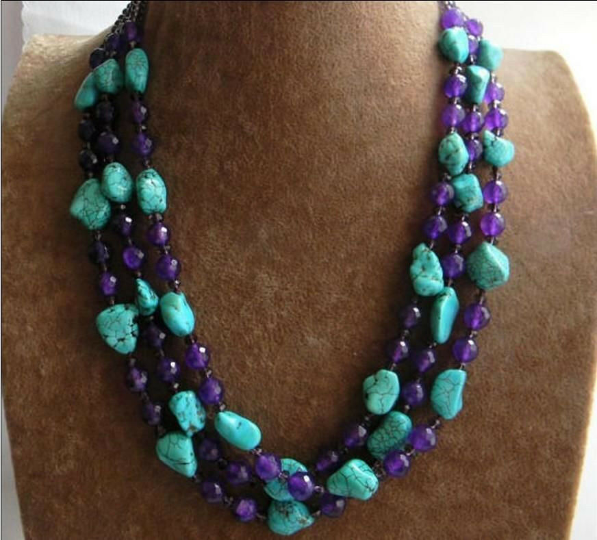 New 3 Rows Nugget Turquoise & Faceted Purple Amethyst & Crystal Beads Necklace