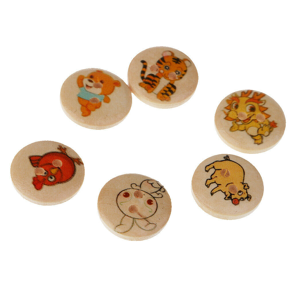 100x Round Animals Printed Wooden Flatback Buttons for Kids Crafts DIY 15mm