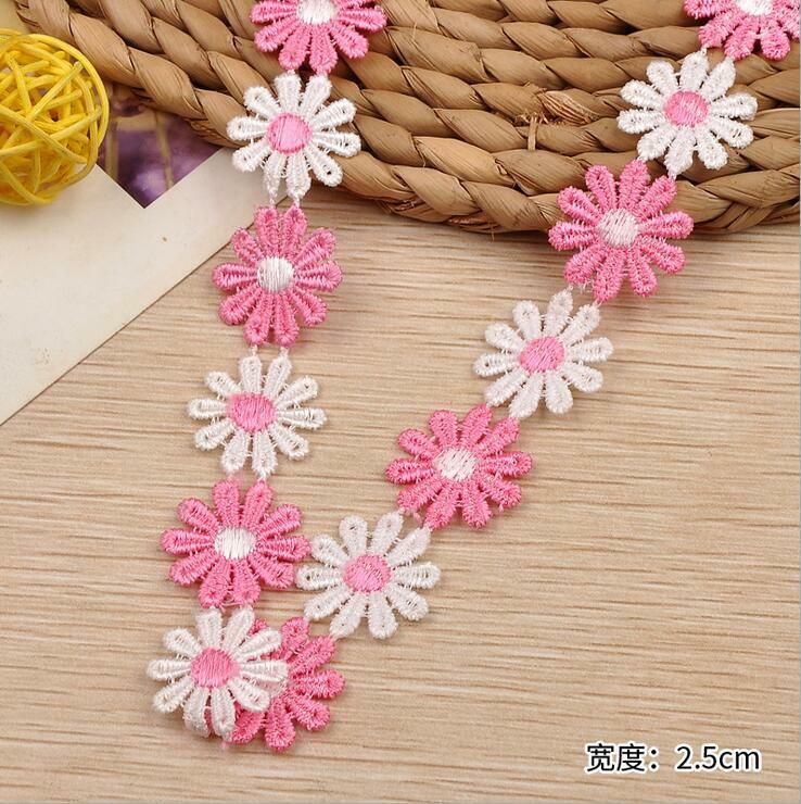 5 Yards Pink White Flower Embroidered lace Trim clothing Appliques Sewing 2.5cm