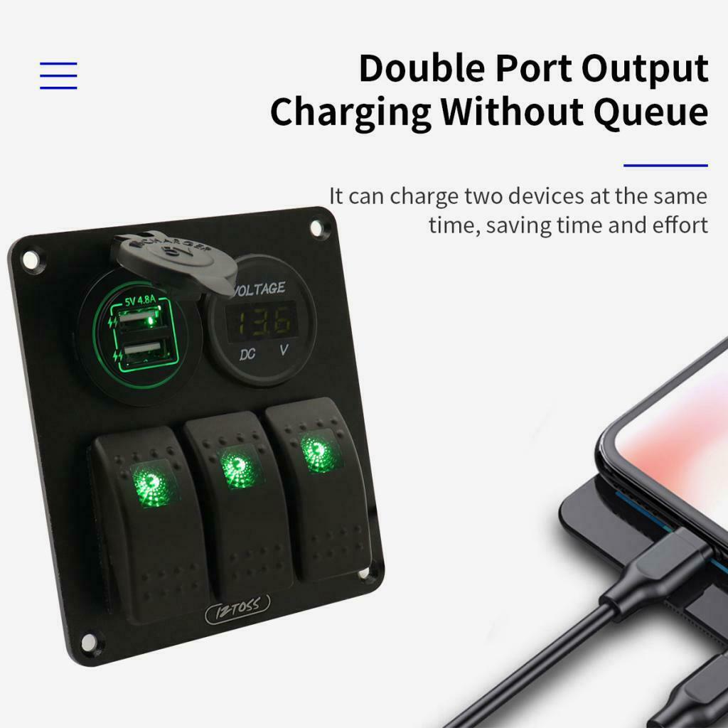 3 Gang Switch Panel with LED Digital Voltmeter USB Charger Waterproof Blue