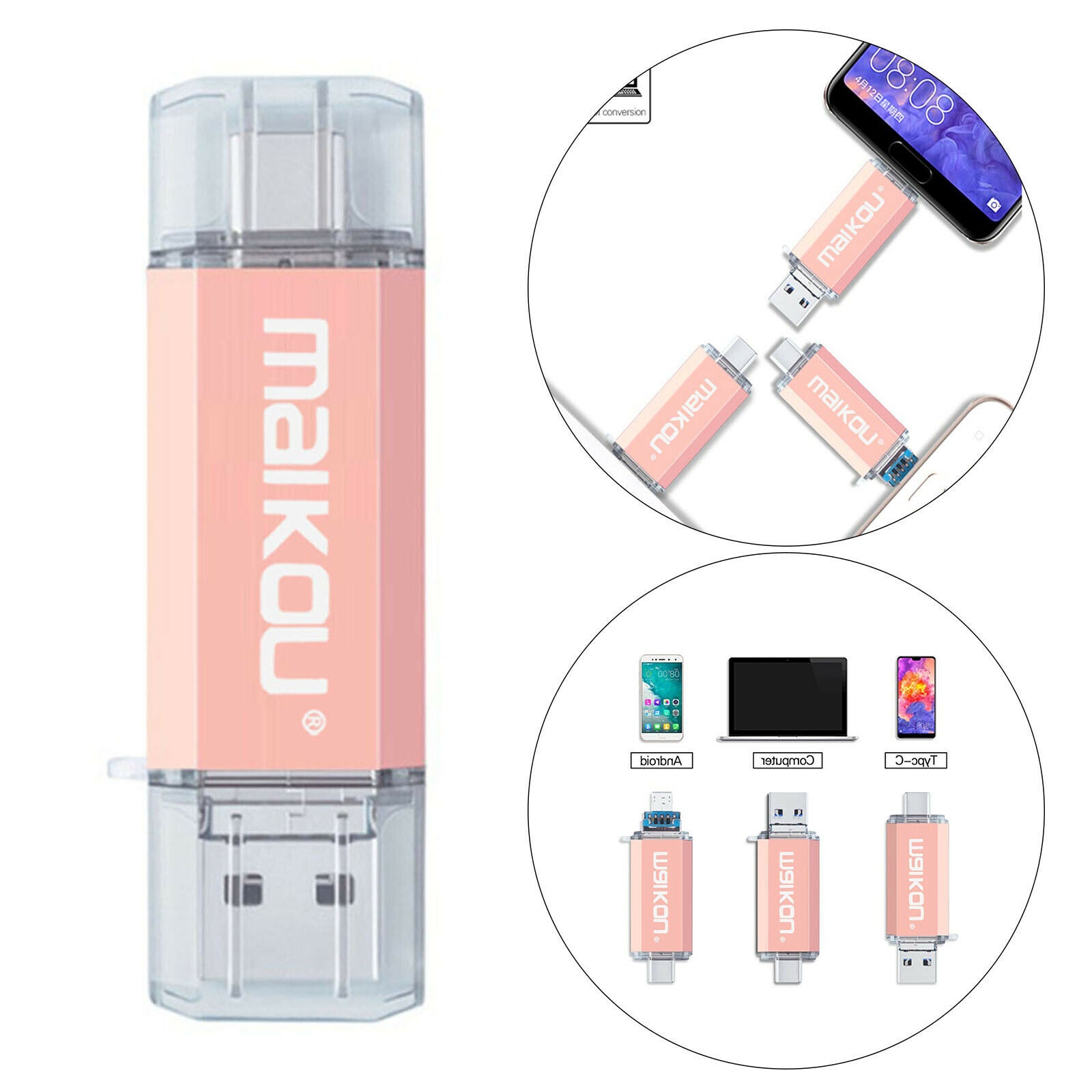 3 in 1 128GB USB Flash Drive Type-C&Micro USB Memory Stick for Phone PC Pink