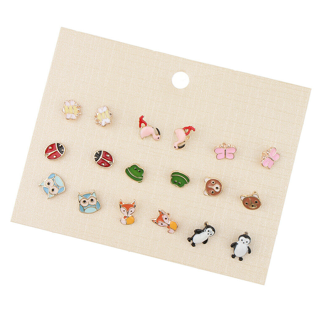 9 Pairs Lovely Mixed Color Lowrie Ladybug Flamingo Owl Frog Stud Earrings Sets