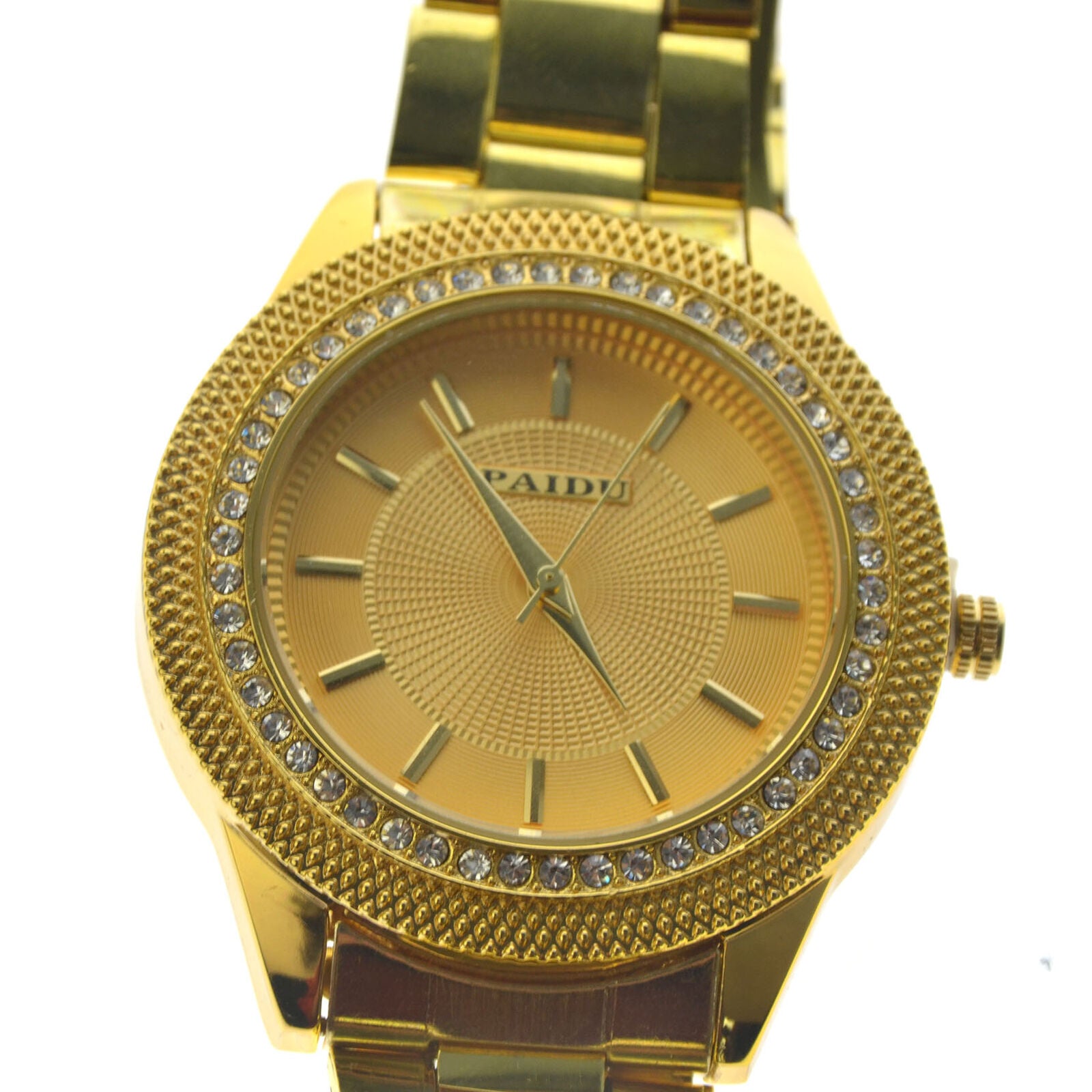 Luxury Mens Stainless Steel DATE DAY Rhinestone Crystal Steel Quartz Wrist Watch