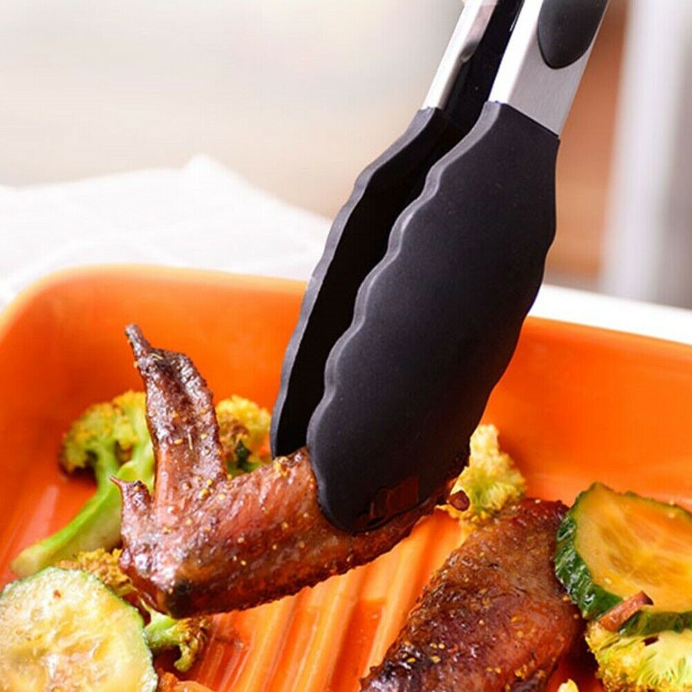 2Pcs Stainless Steel Kitchen Cooking Tongs Bread Tongs Silicone BBQ Clips Tongs