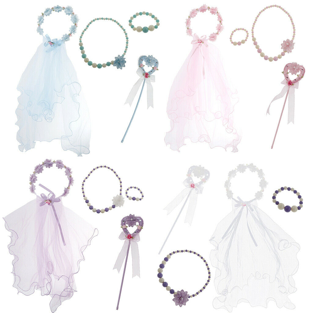 Girls Floral Princess Costume Headband Veil Stick Necklace Wristband  White