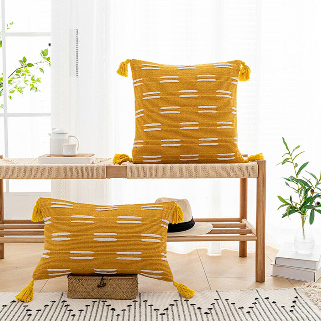 Soft Pillow Cover Tassels Invisible Zipper Living Room Couch Yellow Square
