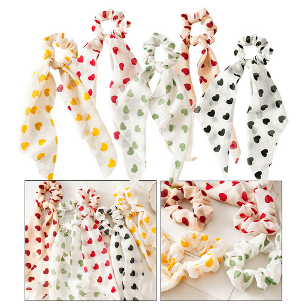 5x Hair Scrunchies Heart Print Wide Ribbon Elastic Hair Ties Updo Tool