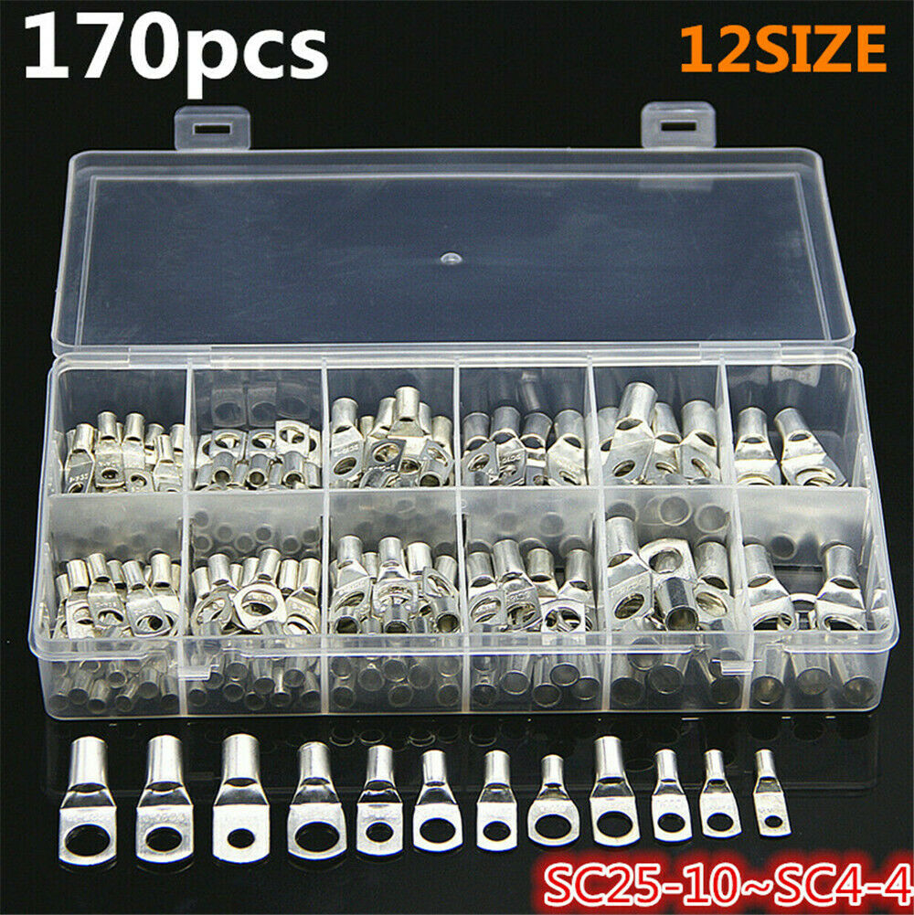 170PCS Battery Copper Cable Lugs Electrical Wire Connectors Crimp Ring Terminals