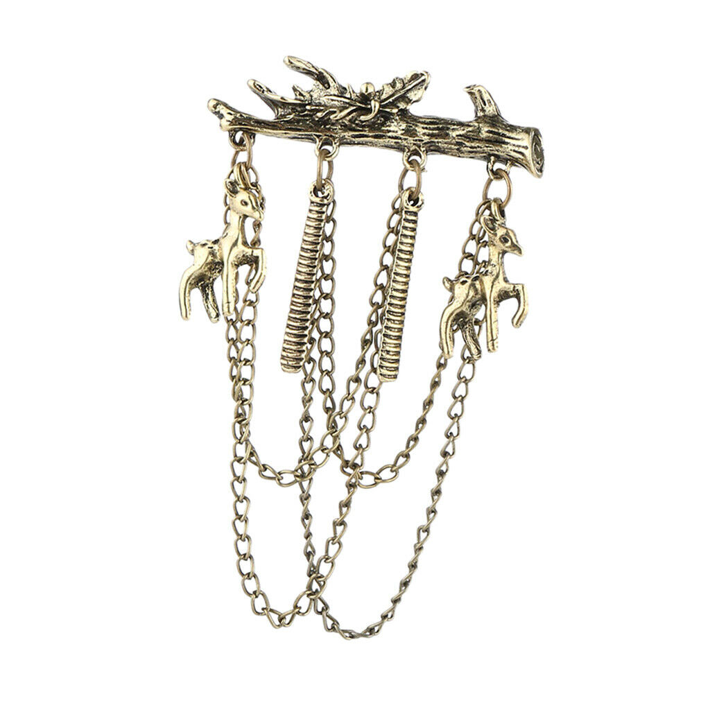 Men's Branches with Deer Hanging Chain Brooch Pin Tassels Brooch Pin Copper
