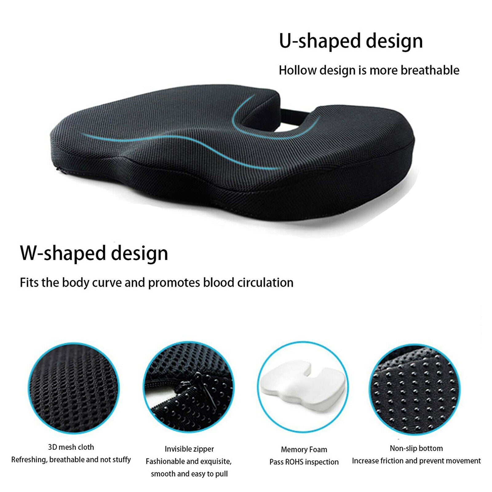 Breathable Office Chair Seat Cushion Car Coccyx Relax Support Pillow Zipper