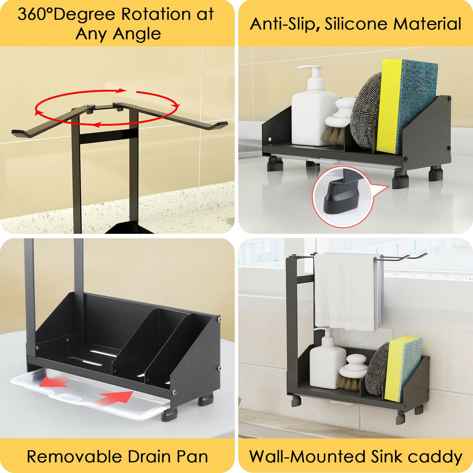 Kitchen Sink Organizer for Soap Brush Dispenser Holder Suction Cup Rustproof