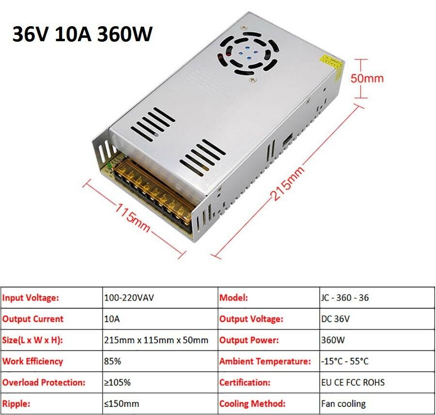 36V 10A 360W Regulated Switching Power Supply Transformer PSU DC Built-in Fan
