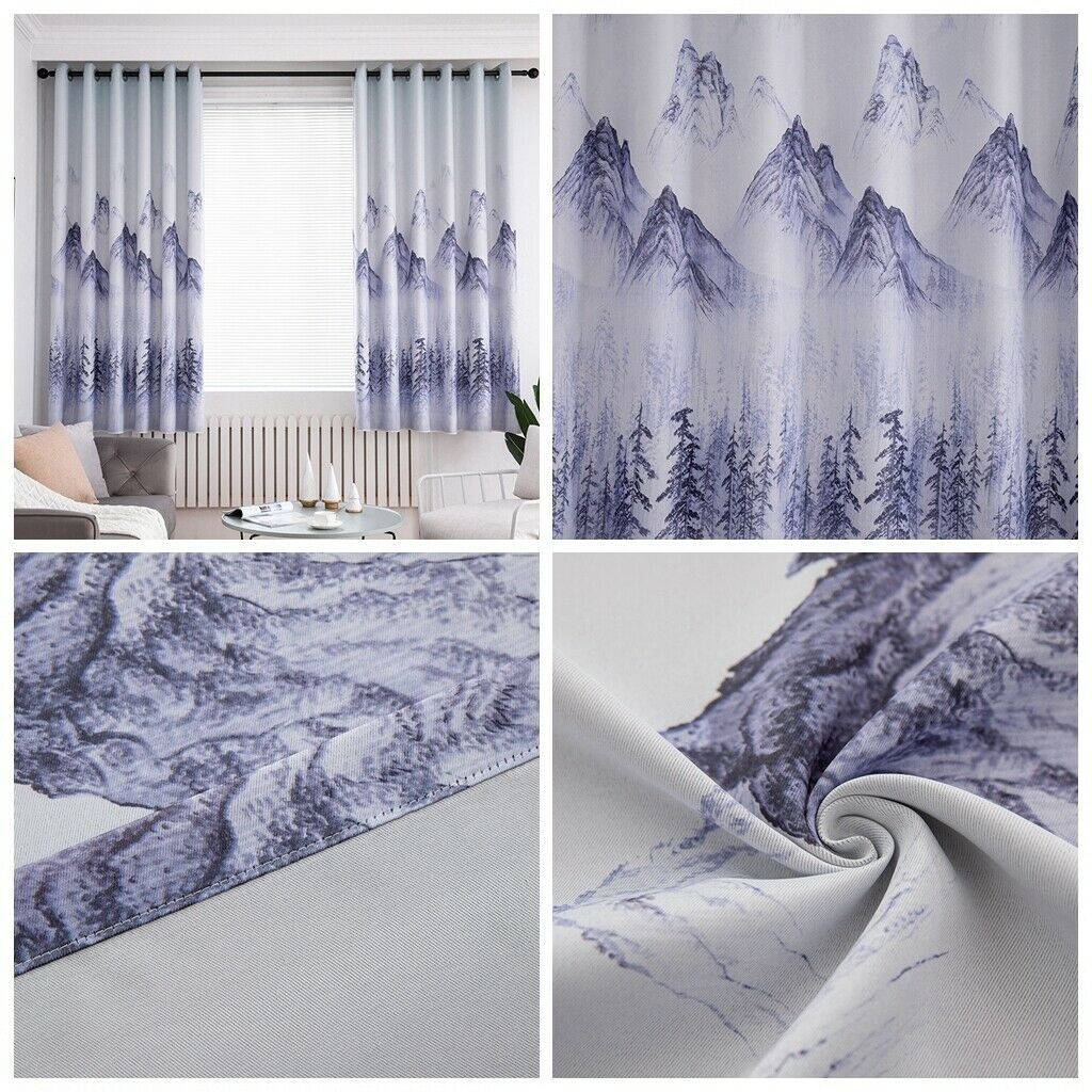 Punching Thicken Printing Curtain Blackout Drapes100x200cm Blue landscape