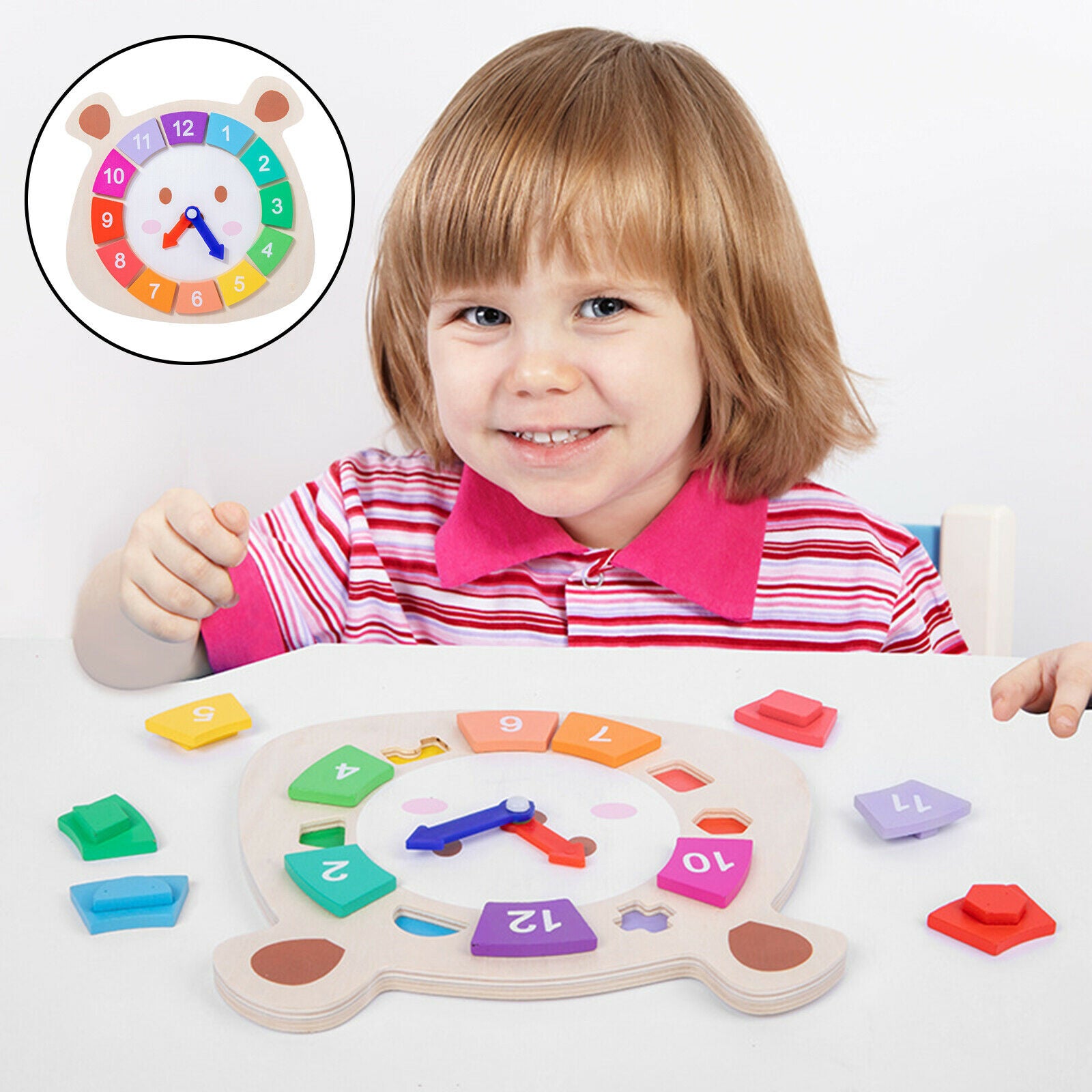 Jigsaw Clock Puzzle Toys Children Early Shape Sorting Color Time Cognitive