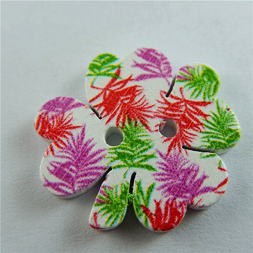 60 pcs Colorful Printed Wooden Buttons Flower Shape Sewing Craft 2 Holes 25x22mm