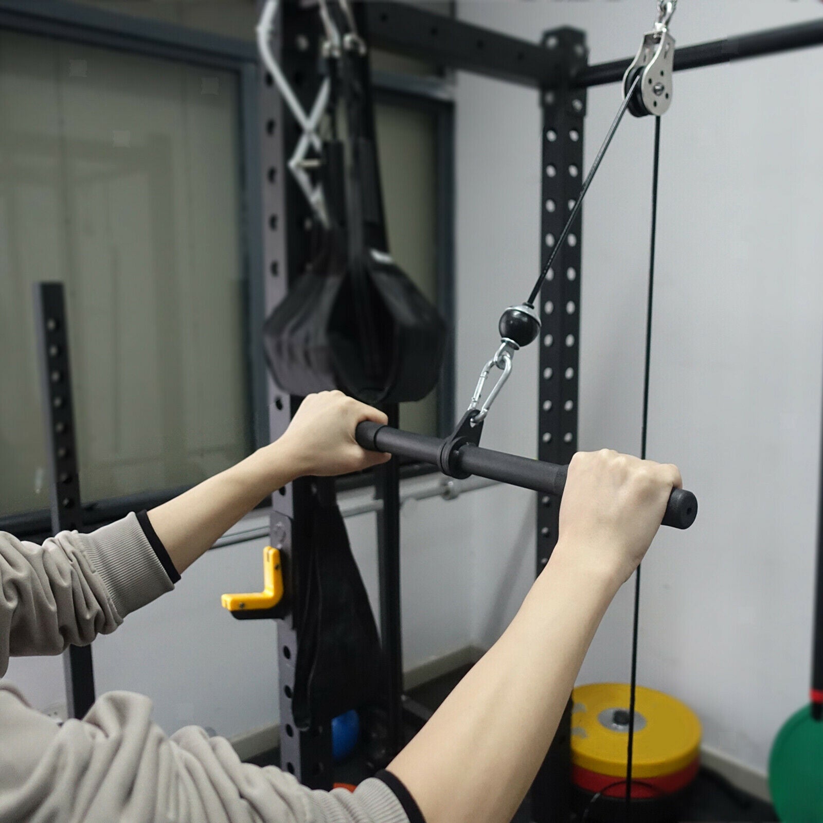 Gym Rotating Straight Bar Rowing Handle for Pulley Cable Machine Attachments