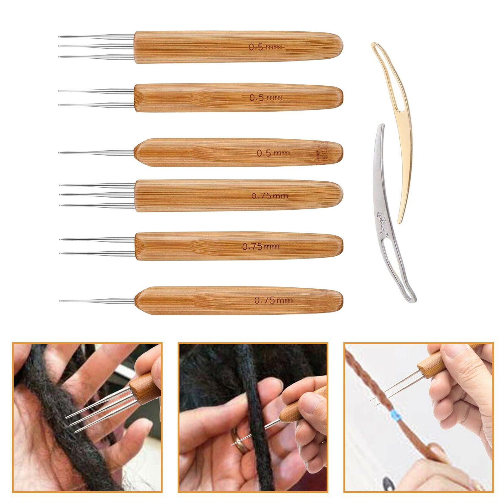 8Pcs Bamboo Crochet Crochet Handle Hook Dreadlock Knit Hair Making Braiding