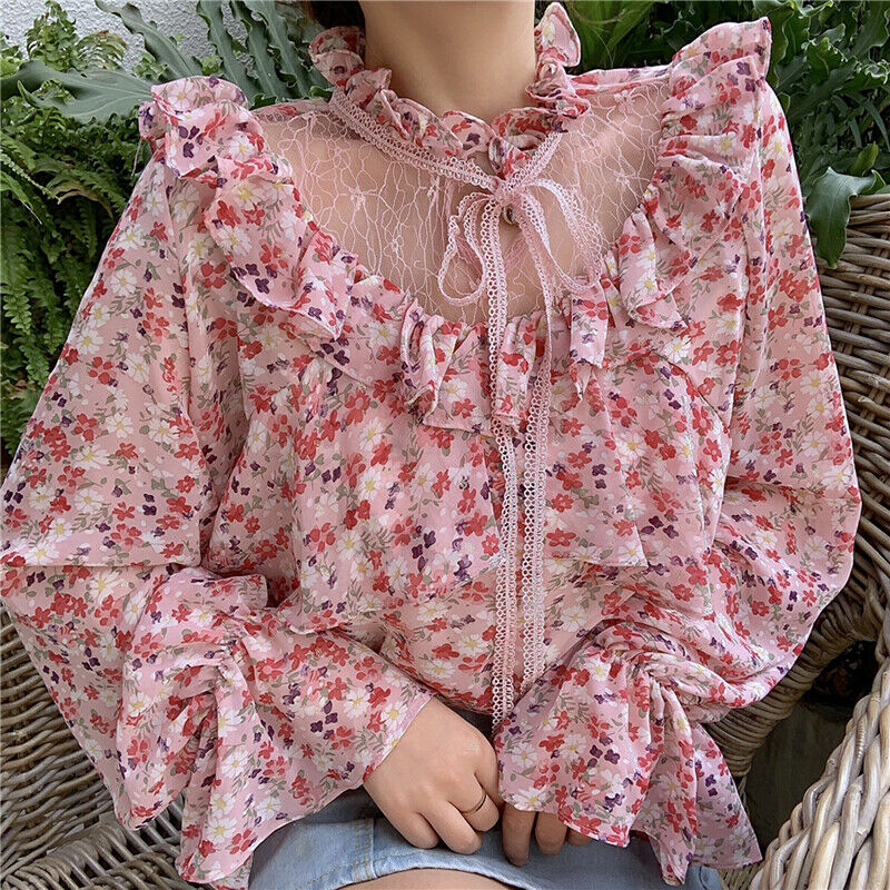 Sweet Ladies Ruffled Lace Chiffon Floral Shirt Blouse Long Flared Sleeve Tops UK