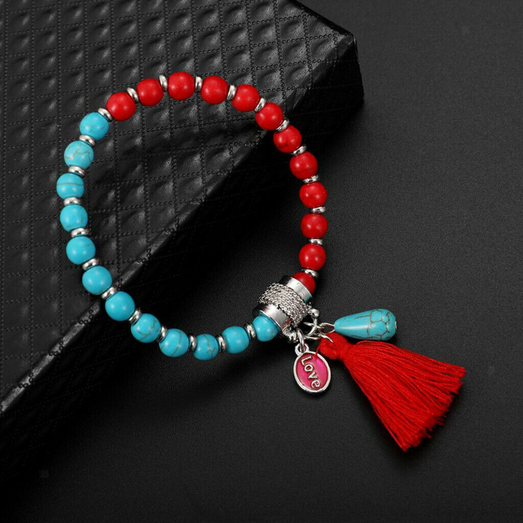 Unique Women's Beaded Bracelet Love Charm Joint Beads Tassel Bracelet Red+Blue