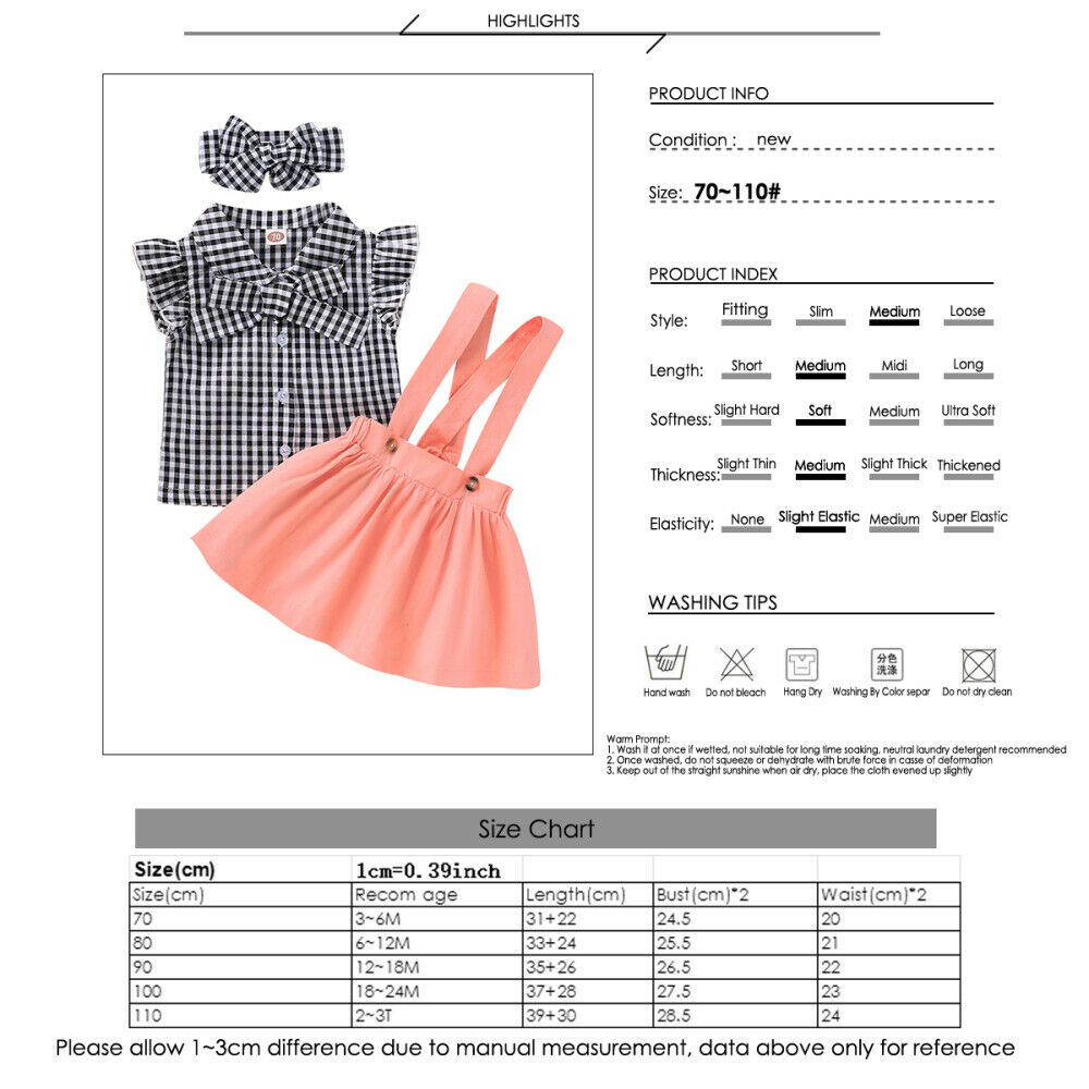 newBaby Girls Suit Plaid Shirt + Suspender Skirt + Headband Summer Clothing Set