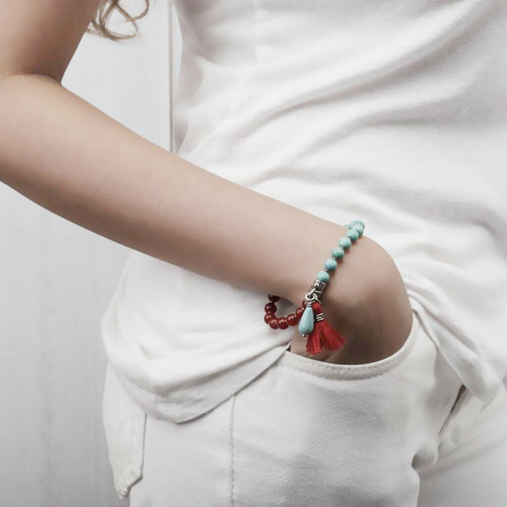 Unique Women's Beaded Bracelet Love Charm Joint Beads Tassel Bracelet Red+Blue
