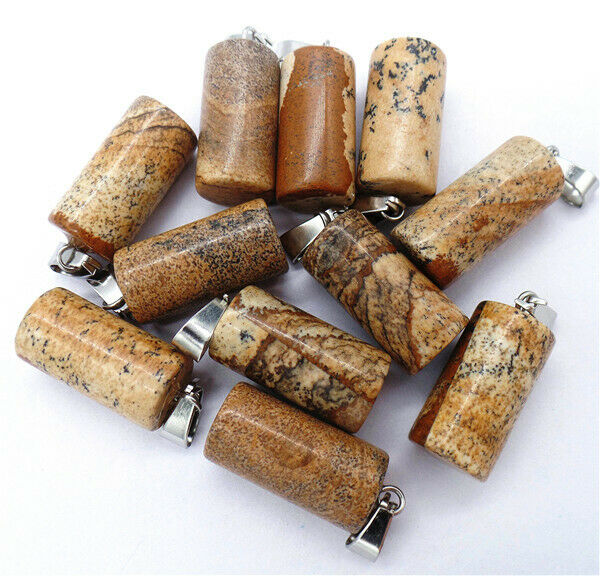 100Pcs 25x10mm Natural Brown Picture Jasper Cylinder Pendant Bead HH8195