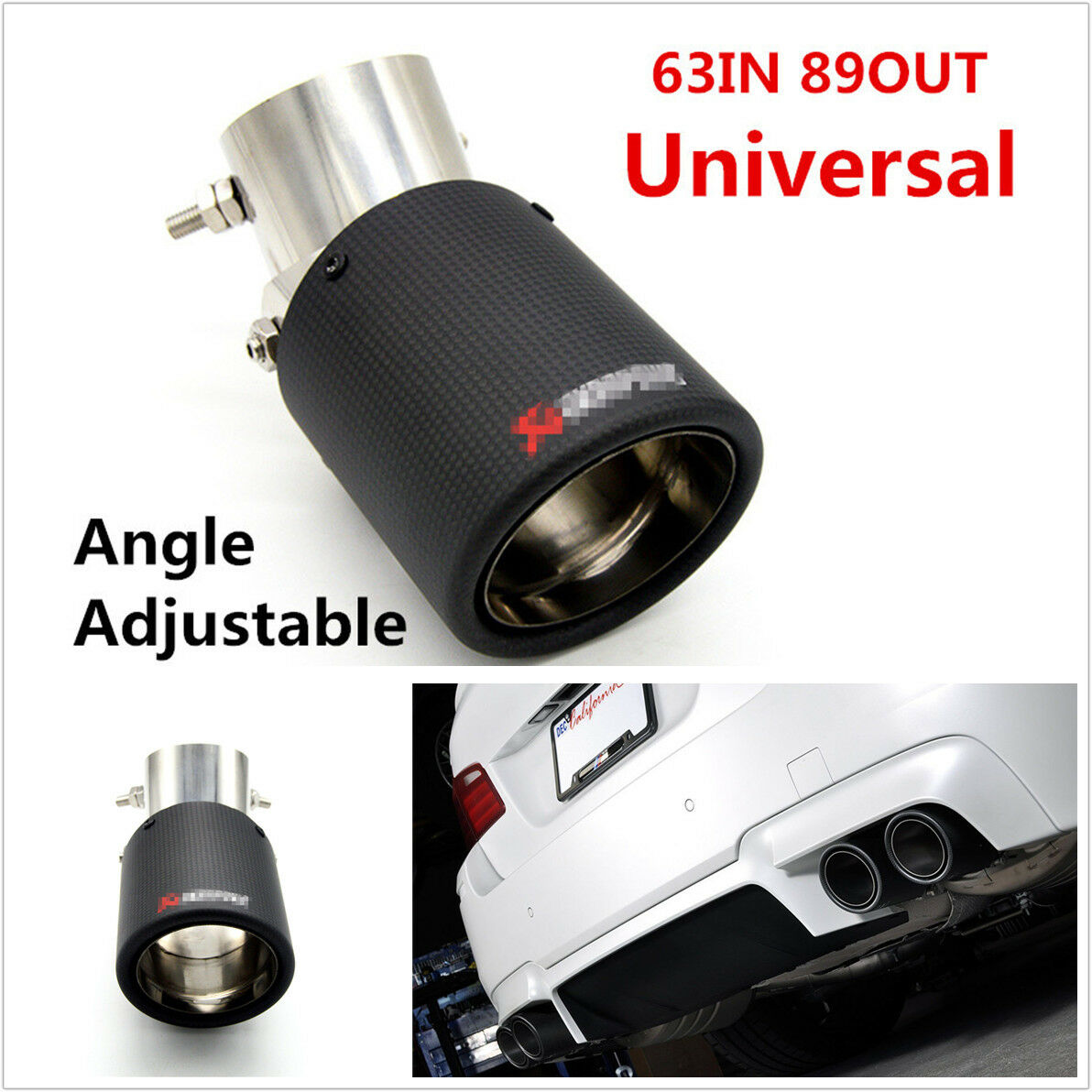 1x Universal 63mm In 89mm Out Carbon Fiber Look Car Exhaust Pipe Muffler End Tip