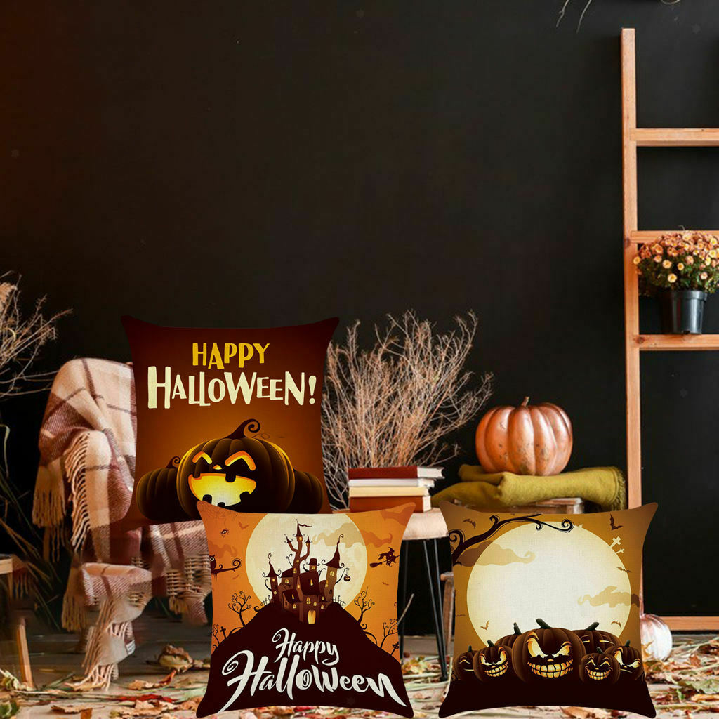 3pcs Soft Linen Pillowcase Halloween Lantern Bedroom Living Room Decor Brown