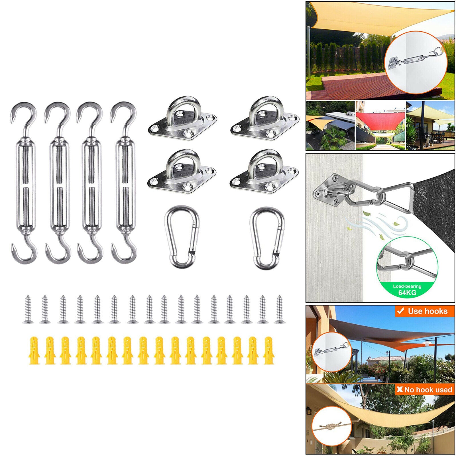 6in Square Triangle Sun Shade Sail Stainless Steel Hardware Installation Kit