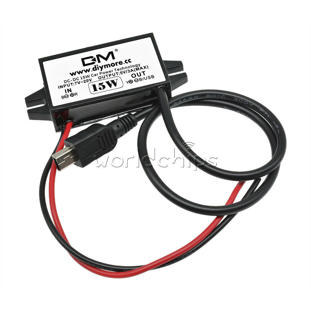 DC-DC 12V to 5V 3A 15W Voltage Regulator Mini USB 5 Pin Cable for Car Charger