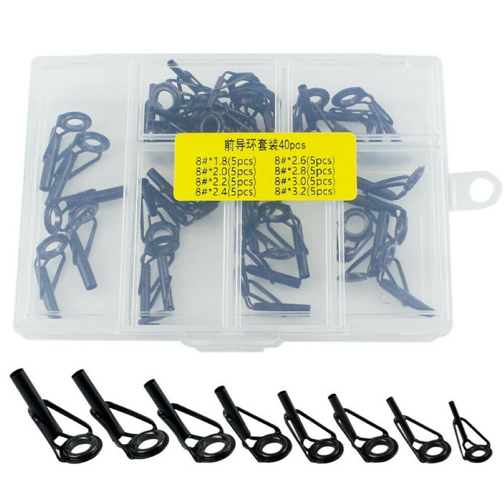 40Pcs Fishing Rod Guides Set Tips Repair Kit DIY Building Rod Repair Eye Ring LI