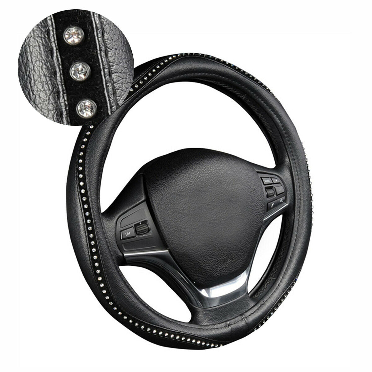 Crystal Drill & PU Leather  Auto Steering Wheel Covers Anti-Slip Black 38cm/15"