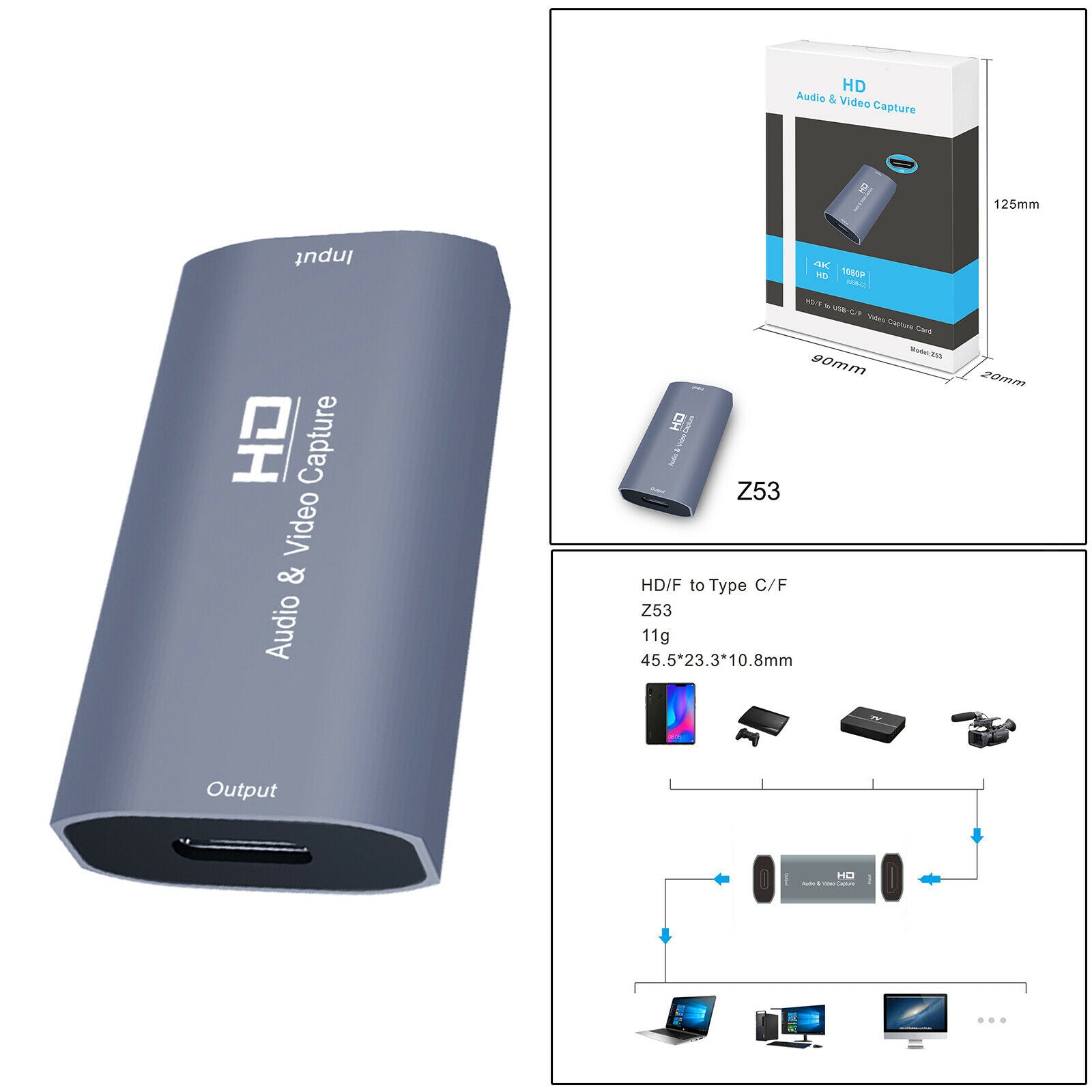 Audio Video Capture Card USB-C 4K for Recording Live Broadcasting Gaming