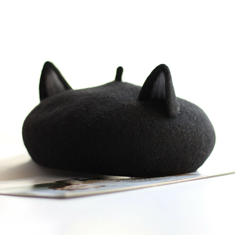 Lady Beret Cap Painter Hat Lolita Wool Blend Black Cat Ear Beanie Thermal Winter