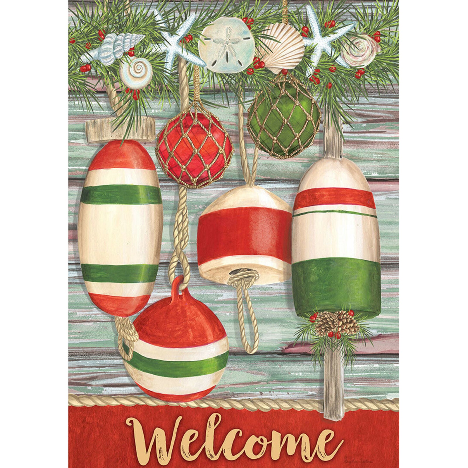 Festive Buoys Christmas House Flag Nautical Seashells 28" x 40" Briarwood Lane