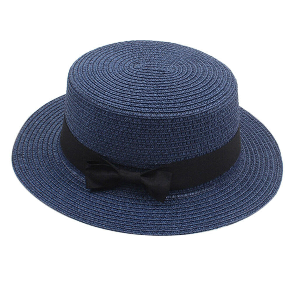 Church Bow Fedora Hat Breathable Wide Brim Sun Hat Summer Beach Navy
