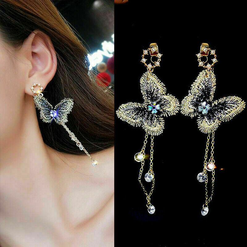 Fashion Embroidery Butterfly Long Tassel Crystal Drop Dangle Earrings Jewelry