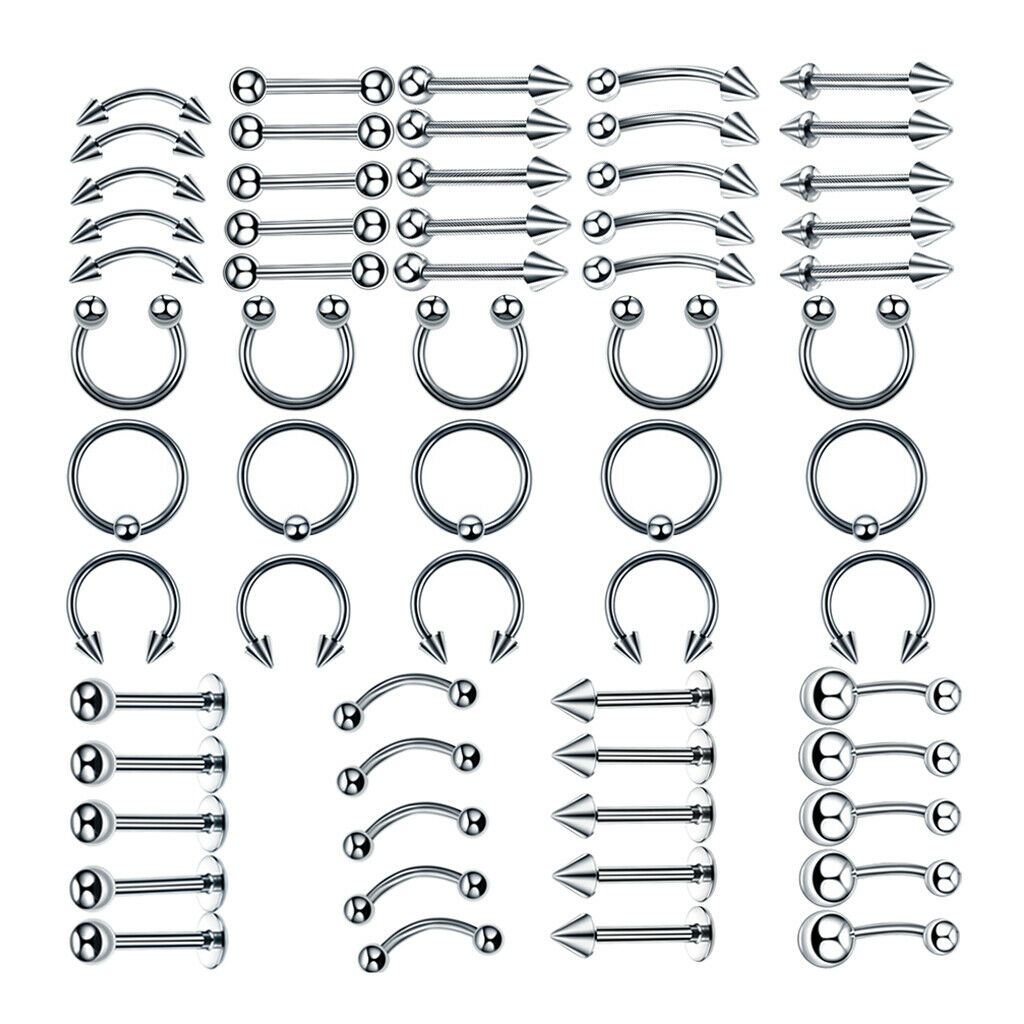 60 Pieces Nose Lip Tongue Eyebrow Tragus Navel Belly Ring Piercings 8mm