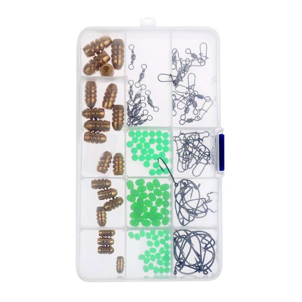 100pcs Carp Fishing Tackle Box Set Weights Safety Clips Hooks Snap Swivels