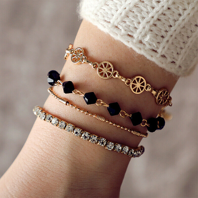 4Pcs Bohemian Black Gem Stone Beads Bracelets Women Rhinestone Bangles Je.l8