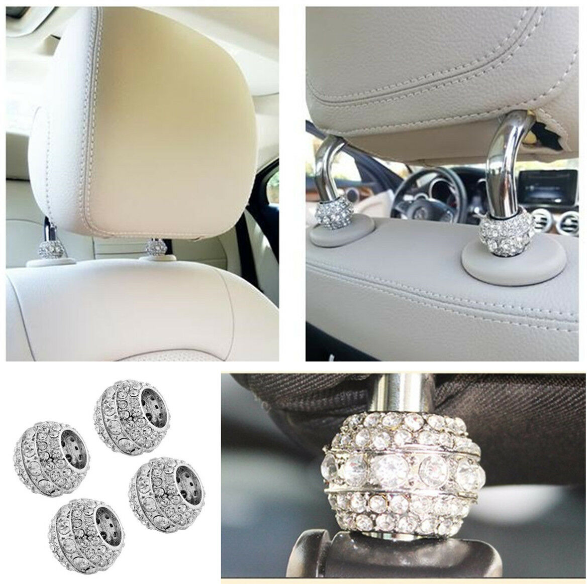 4pcs Icy Crystal Car Seat Headrest Decor Charms Bling Rhinestone For Girl Women