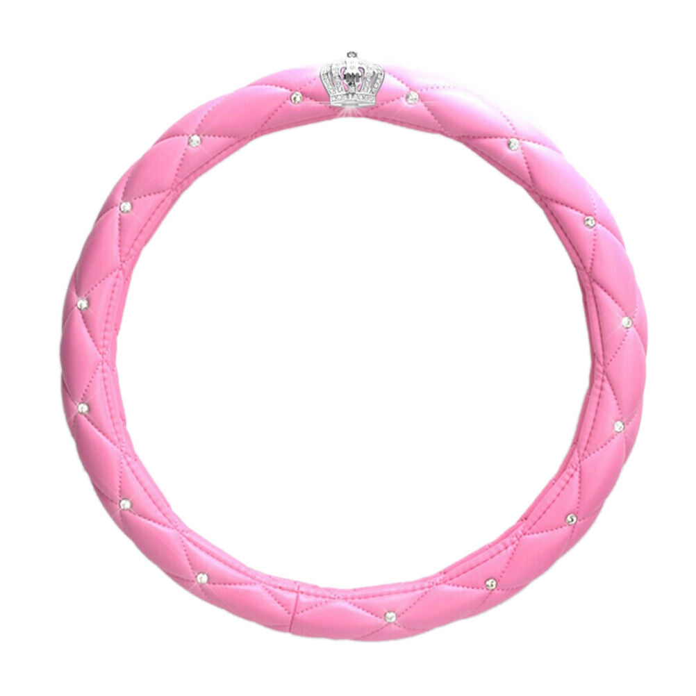 Universal Steering Wheel Cover Leather Shinny Crystal Crown Pink Girl GifY RC