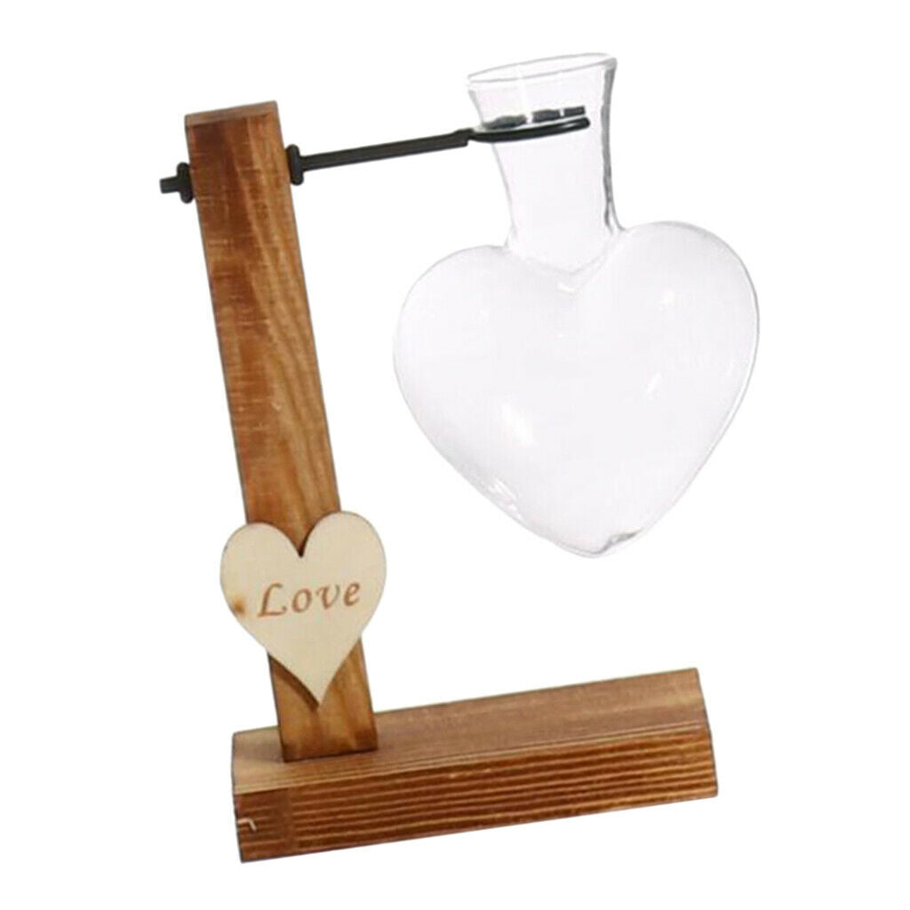 Love Heart Shape Glass Hydroponic Flower Vase Container w/Wooden Stand Decor