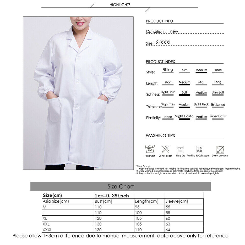 Womens Mens White Lab Coat Scrub Medical Doctors Lapel Collar Jacket Hospital