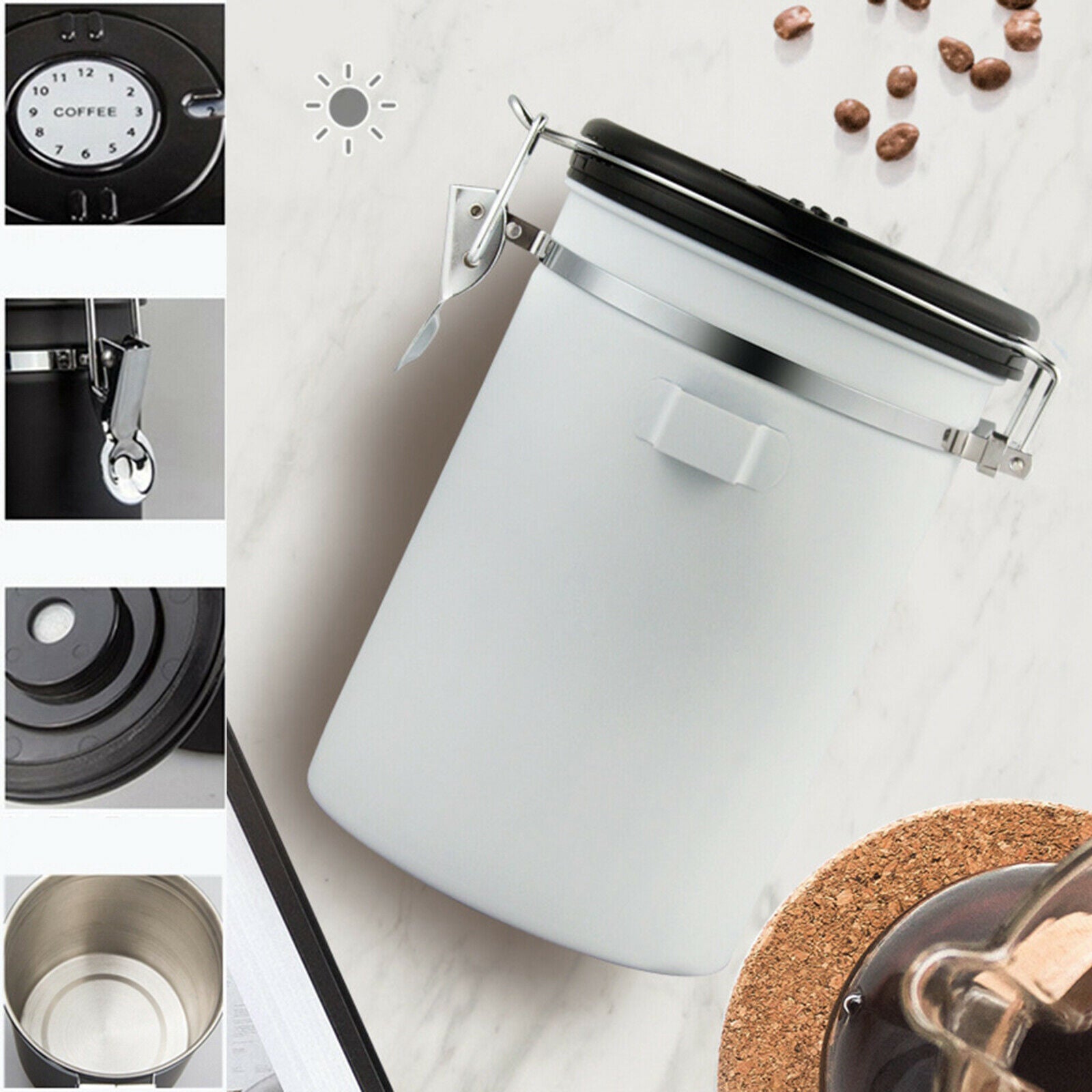 Coffee Canister Kitchen Dry Food Storage Container Airtight White 1800ml