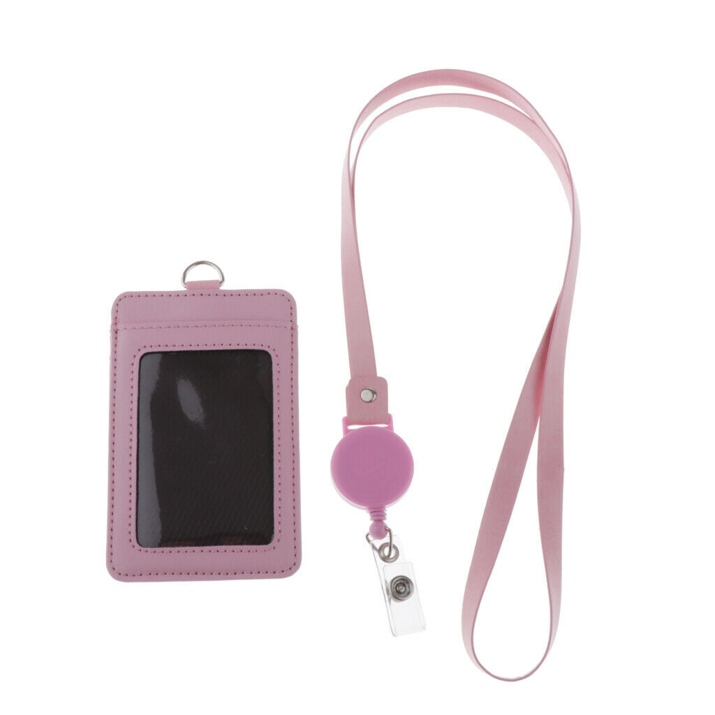 2-Sided Vertical Pu Leather Badge Card Holder Neck Strap Lanyard Pink