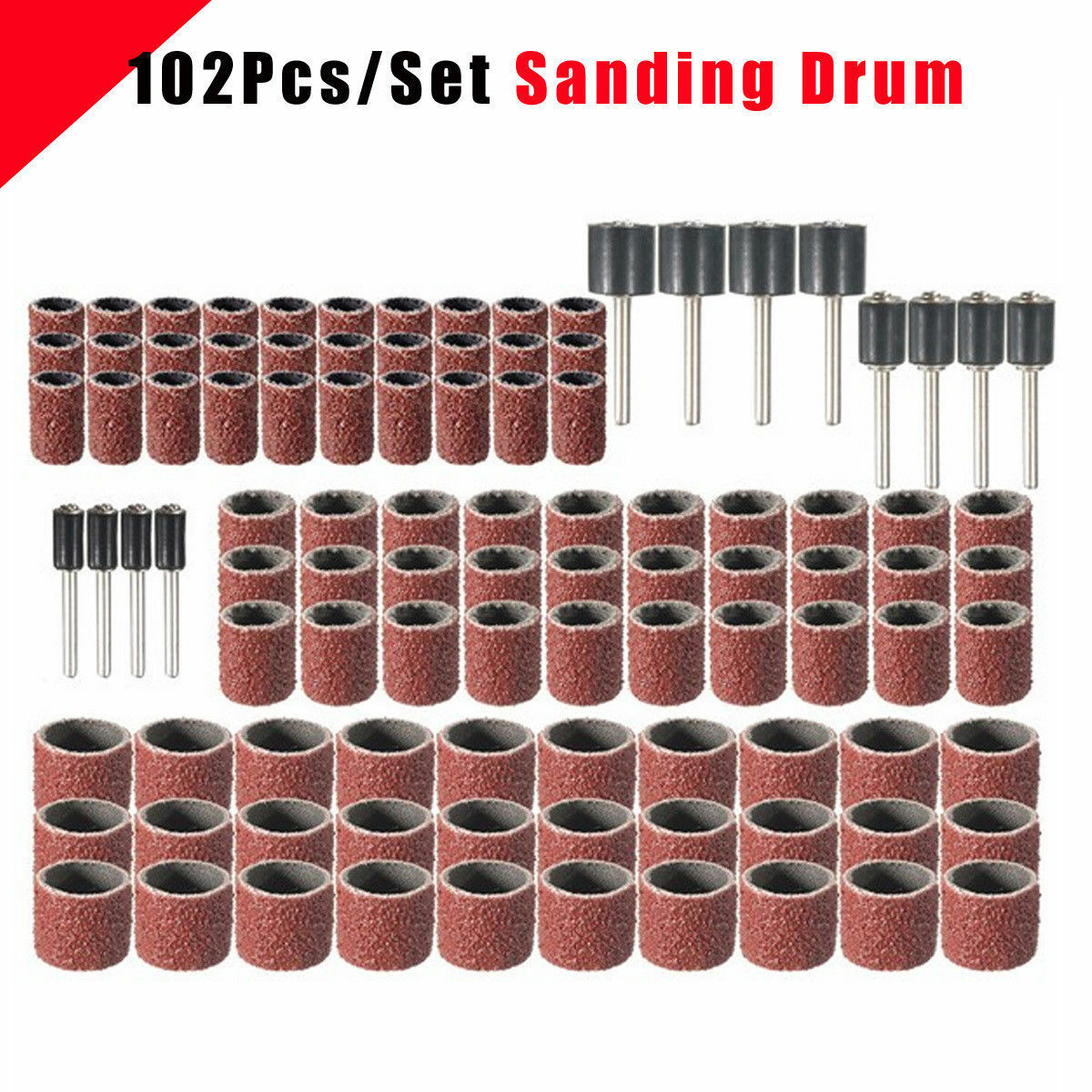 102Pcs Drum Sanding Sleeves Fit Sander Rotary Tool w/ 1/2 3/8 1/4 Inch Mandrels