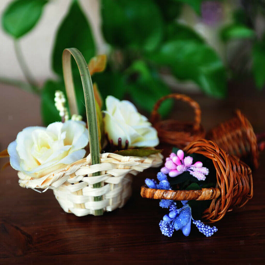 Mini Woven Flower Basket with Handle Simulation Furniture Fairy Garden Decor