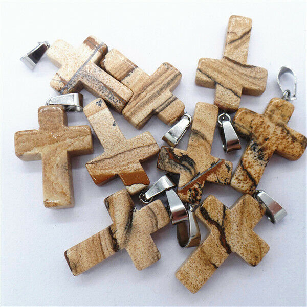 100Pcs 25x18x6mm Natural Brown Picture Jasper Cross Pendant Bead DIY HH8277