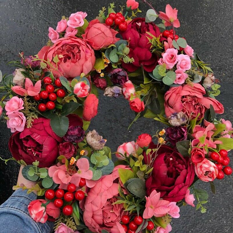 Decorative Door Wreath,Silk Flower Peony Head Flower Wreath 40cm Handmade GarlP3